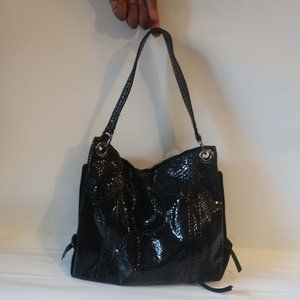 Womens Perlina Black Python Print Leather Sheen Hobo Tote Shoulder Handbag *